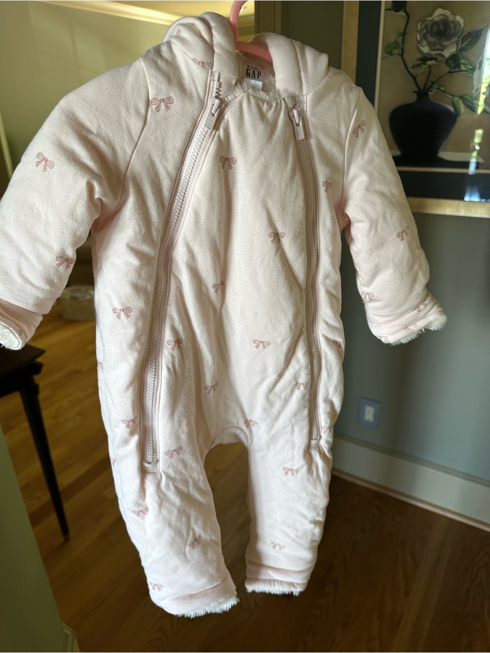 GAP Baby Pink Hooded Puffer One-Piece with Bow Print